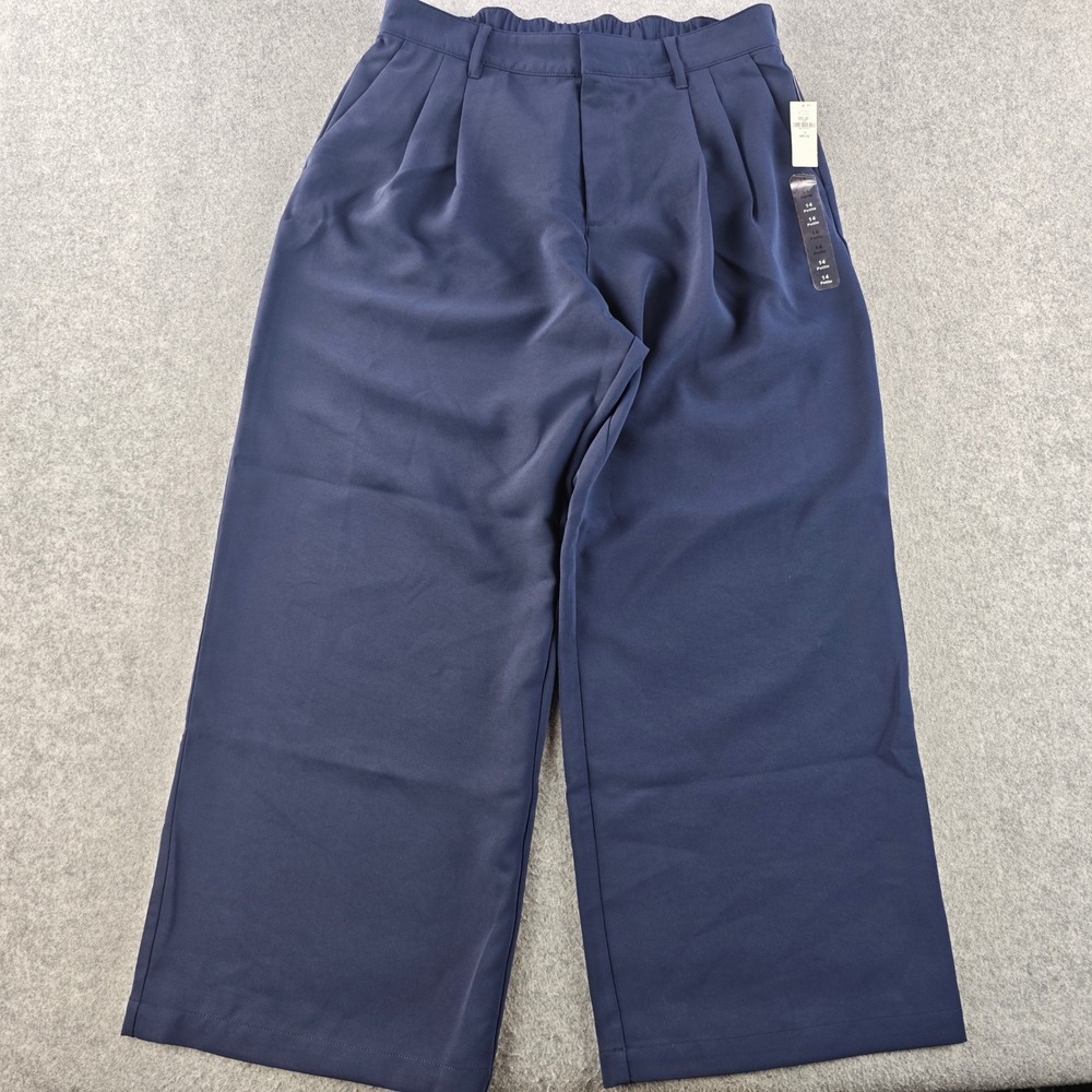 Gap Easy Trouser High Rise Pleated Wide Leg Pants Womens 14 Petite Navy Blue NWT
